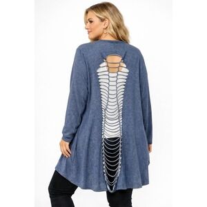 Emperice‎ Open Front Cardigan Womens 3X Blue Shredded Back Duster Lightweight